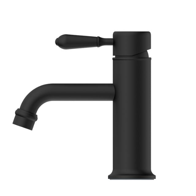 Nero York straight basin mixer tap in matte black with metal lever, side view on white background