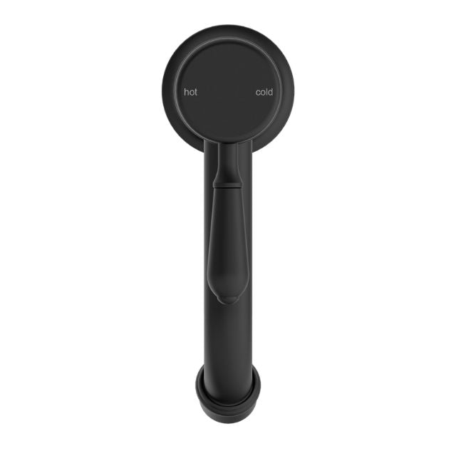 Nero York straight basin mixer tap in matte black with metal lever, front view on white background