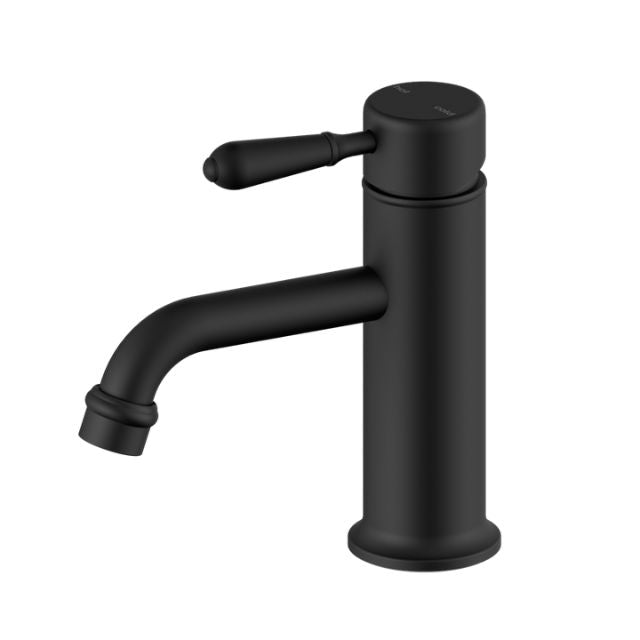 Nero York basin mixer tap in matte black with straight spout and metal lever, front view on white background