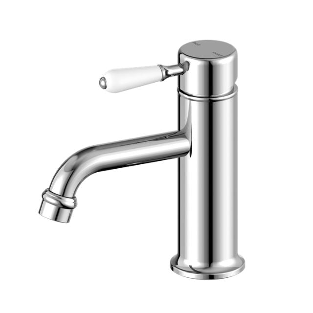 Nero York chrome basin mixer with white porcelain lever, straight cylindrical design, side view