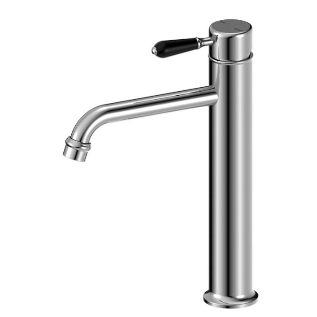 Nero York tall basin mixer tap in chrome with black porcelain lever, straight cylindrical design and curved spout