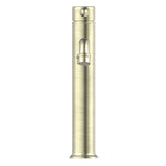 Nero York straight tall basin mixer in aged brass with metal lever, front view against white background
