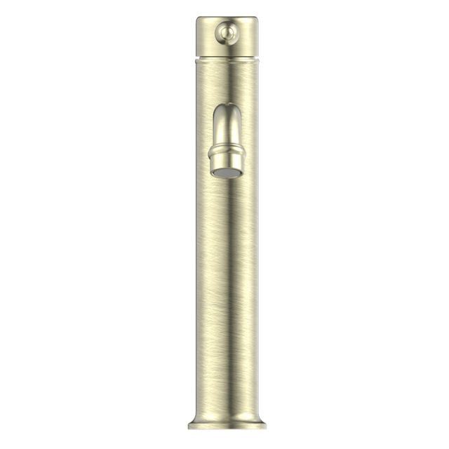 Nero York straight tall basin mixer in aged brass with metal lever, front view against white background