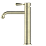 Nero York straight tall basin mixer in aged brass with metal lever, side view, tall cylindrical tap with curved spout