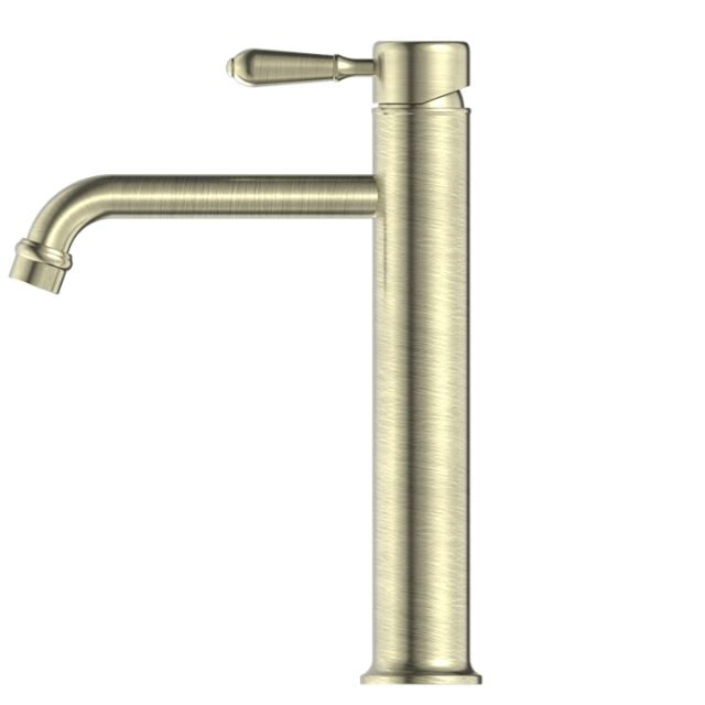 Nero York straight tall basin mixer in aged brass with metal lever, side view, tall cylindrical tap with curved spout