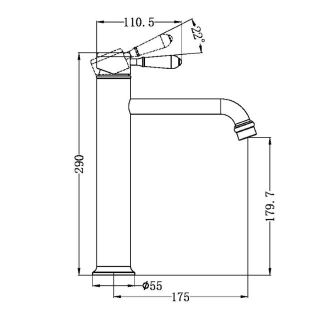 Nero York straight tall basin mixer technical drawing in aged brass, showing side view and dimensions.