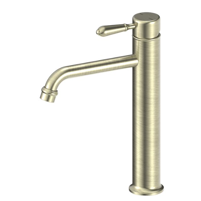 Nero York straight tall basin mixer tap in aged brass with metal lever, shown front on white background