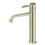 Nero York straight tall basin mixer tap in aged brass with metal lever, shown front on white background