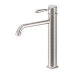 Nero York tall basin mixer tap in brushed nickel with metal lever, straight cylindrical design and curved spout