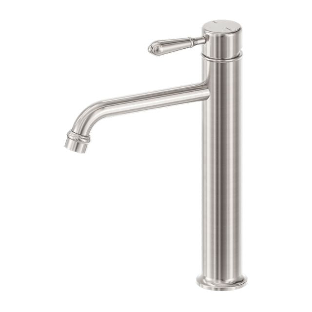 Nero York tall basin mixer tap in brushed nickel with metal lever, straight cylindrical design and curved spout
