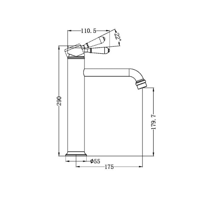 Technical drawing of Nero York straight tall basin mixer in brushed nickel, showing dimensions, lever angle and spout reach.
