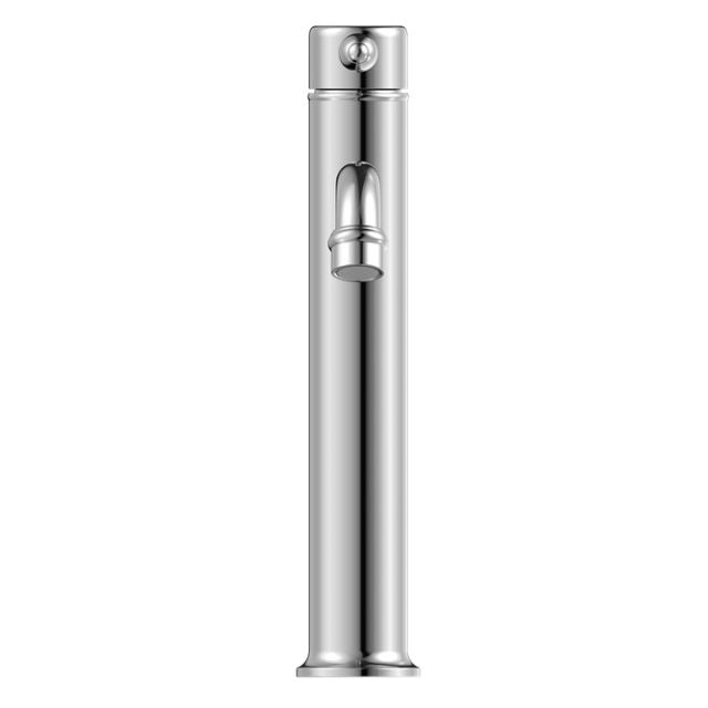 Nero York straight tall basin mixer tap in chrome, front view, with metal lever and cylindrical body