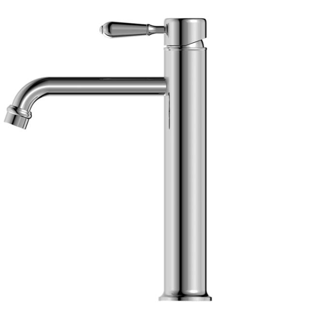 Nero York straight tall basin mixer in chrome with metal lever and curved spout, side view on white background