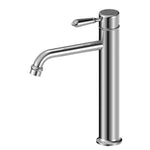 Nero York chrome tall basin mixer with metal lever and curved spout, shown on white background
