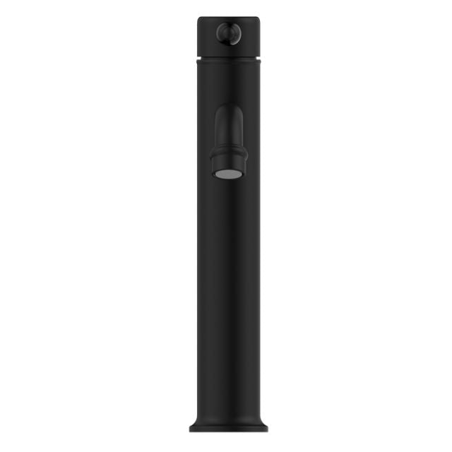 Nero York straight tall basin mixer in matte black with metal lever, front view on white background