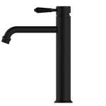 Nero York straight tall basin mixer in matte black, side view with metal lever and curved spout, hob mounted.