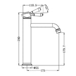 Technical drawing of Nero York straight tall basin mixer in matte black, showing dimensions, side view and metal lever angle.