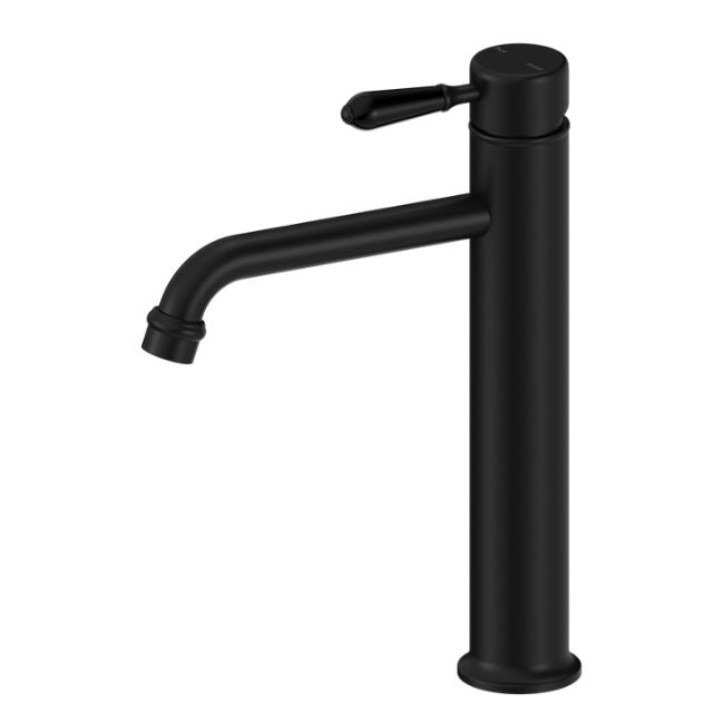 Nero York tall basin mixer tap in matte black with straight cylindrical body and metal lever, side view