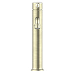 Nero York tall basin mixer in aged brass with white porcelain lever, straight cylindrical body and curved spout, front view