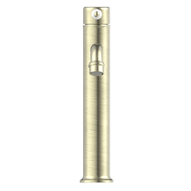 Nero York tall basin mixer in aged brass with white porcelain lever, straight cylindrical body and curved spout, front view