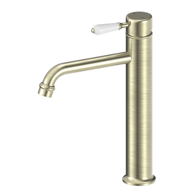 Nero York tall basin mixer tap in aged brass with white porcelain lever, straight cylindrical body and curved spout