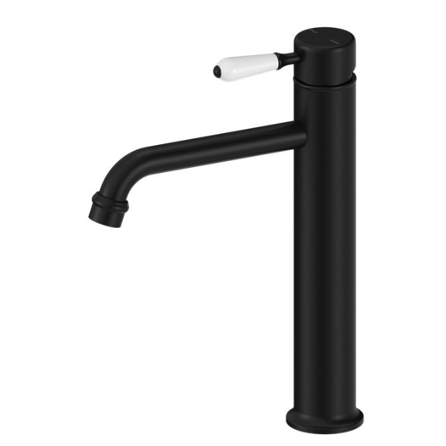Nero York straight tall basin mixer in matte black with white porcelain lever, side view on white background
