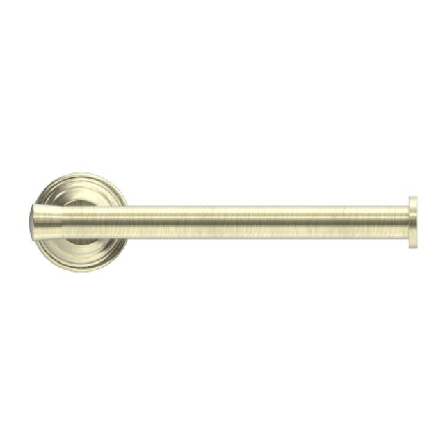 Nero York toilet roll holder in aged brass, side view with round wall plate and straight bar