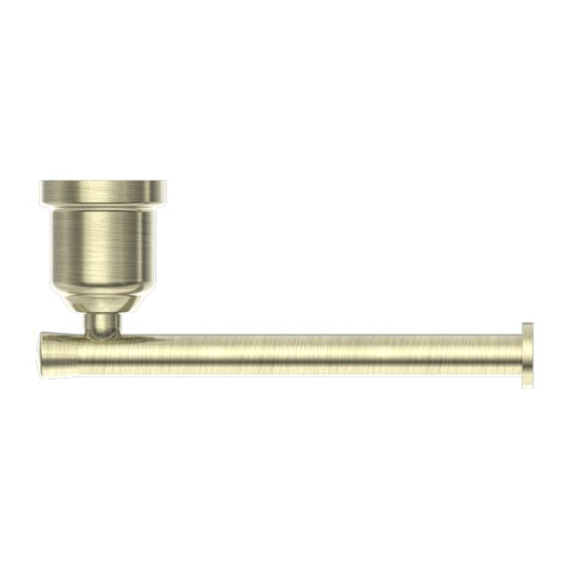 Nero York toilet roll holder in aged brass, side view, with classic cylindrical wall mount