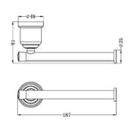 Technical drawing of Nero York toilet roll holder in aged brass, showing 187mm length and 81mm projection
