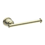 Nero York toilet roll holder in aged brass, wall-mounted bathroom accessory with round backplate and bar view