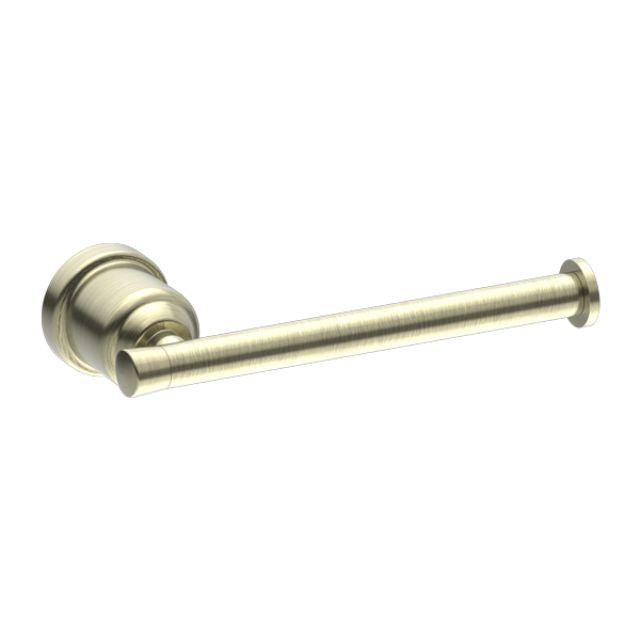 Nero York toilet roll holder in aged brass, wall-mounted bathroom accessory with round backplate and bar view