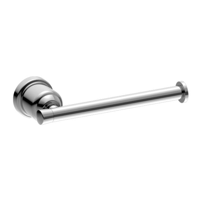 Nero York chrome toilet roll holder with round wall plate and slim horizontal arm, shown on white background