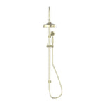 Nero York twin shower in aged brass with overhead rose, hand shower and wall-mounted rail on white background