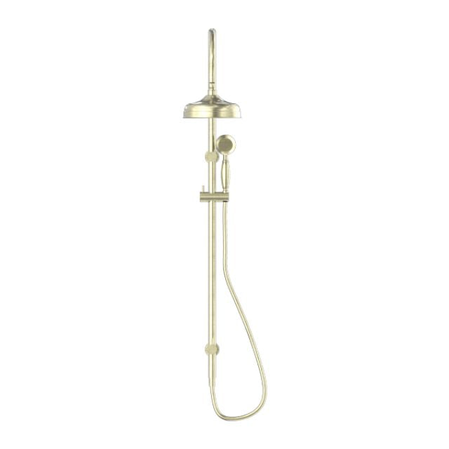 Nero York twin shower in aged brass with overhead rose, hand shower and wall-mounted rail on white background