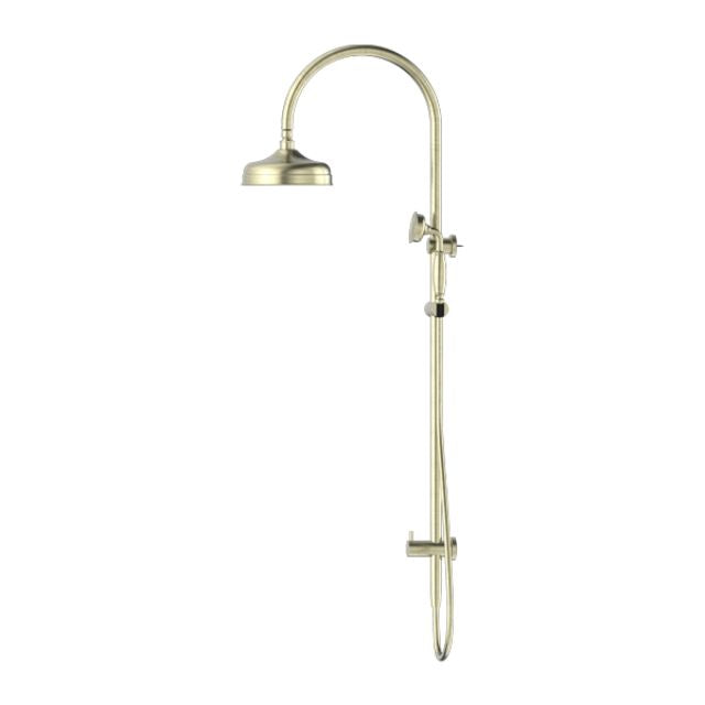 Nero York twin shower in aged brass, with overhead head and adjustable metal hand shower on rail, wall mounted.