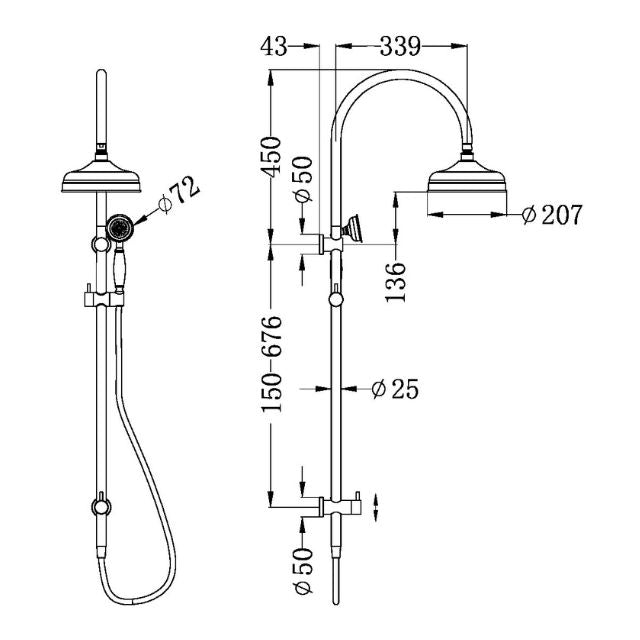 Technical drawing of Nero York twin shower in aged brass, showing wall-mounted rail, hand shower and 207mm overhead head with measurements
