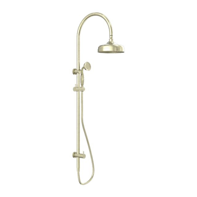 Nero York twin rail shower in aged brass with overhead head and adjustable hand shower on white background