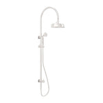 Nero York twin shower in brushed nickel with overhead rose and hand shower on rail, wall mounted