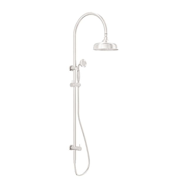 Nero York twin shower in brushed nickel with overhead rose and hand shower on rail, wall mounted