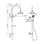 Nero York twin shower technical drawing in brushed nickel, showing overhead shower, hand shower, rail, hose and dimensions in front view