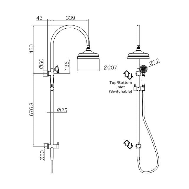Nero York twin shower technical drawing in brushed nickel, showing overhead shower, hand shower, rail, hose and dimensions in front view