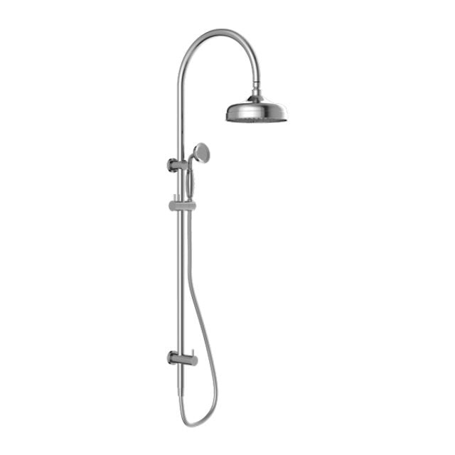 Nero York twin rail shower in chrome with overhead rose and adjustable metal hand shower on wall rail