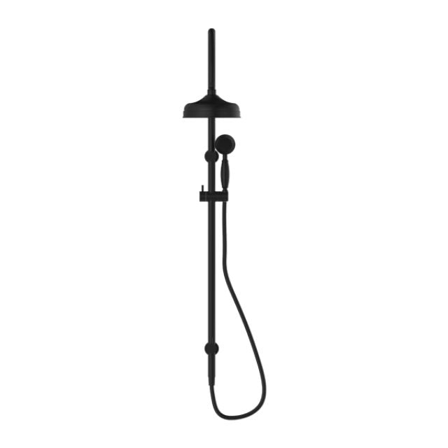 Nero York matte black twin rail shower with overhead head and metal hand shower on wall-mounted rail