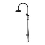 Nero York twin rail shower in matte black with overhead rose and adjustable hand shower on wall rail