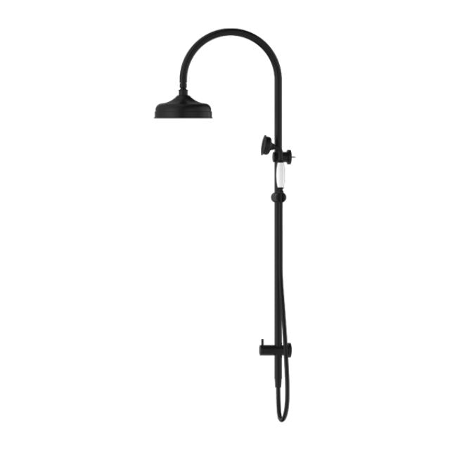 Nero York twin shower in matte black, with overhead round shower head and white porcelain hand shower on rail