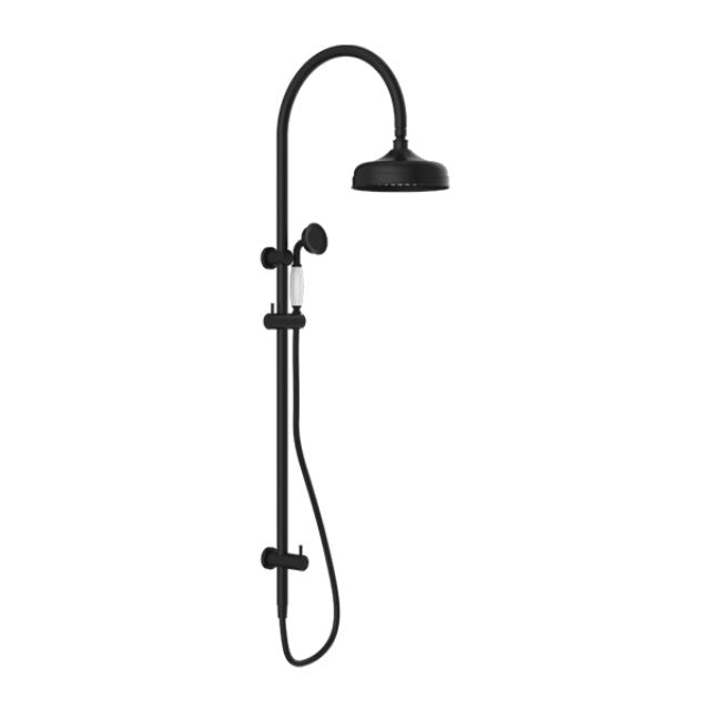 Nero York twin shower in matte black with overhead shower and white porcelain hand shower on rail