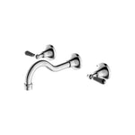 Nero York chrome wall basin set with black porcelain levers, three-piece wall-mounted taps and spout