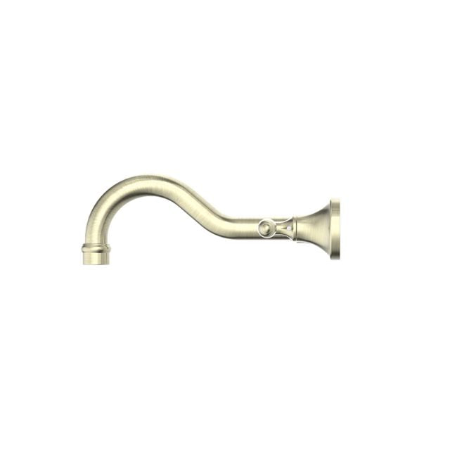 Nero York wall basin spout in aged brass, curved wall-mounted tap with round escutcheon and metal lever detail