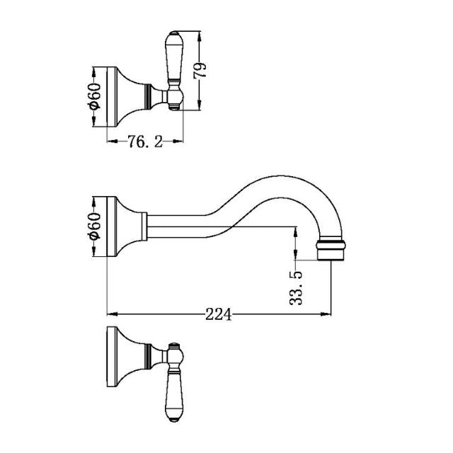 Nero York wall basin set technical drawing, aged brass, 3-piece wall-mounted tap with metal lever and 224mm spout reach