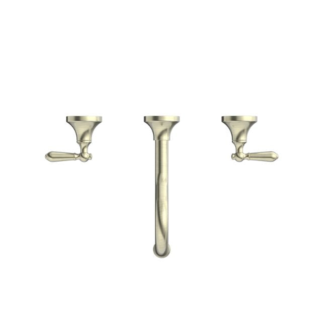 Nero York aged brass wall basin set with metal lever, three-piece wall-mounted tap set with centre spout and two handles